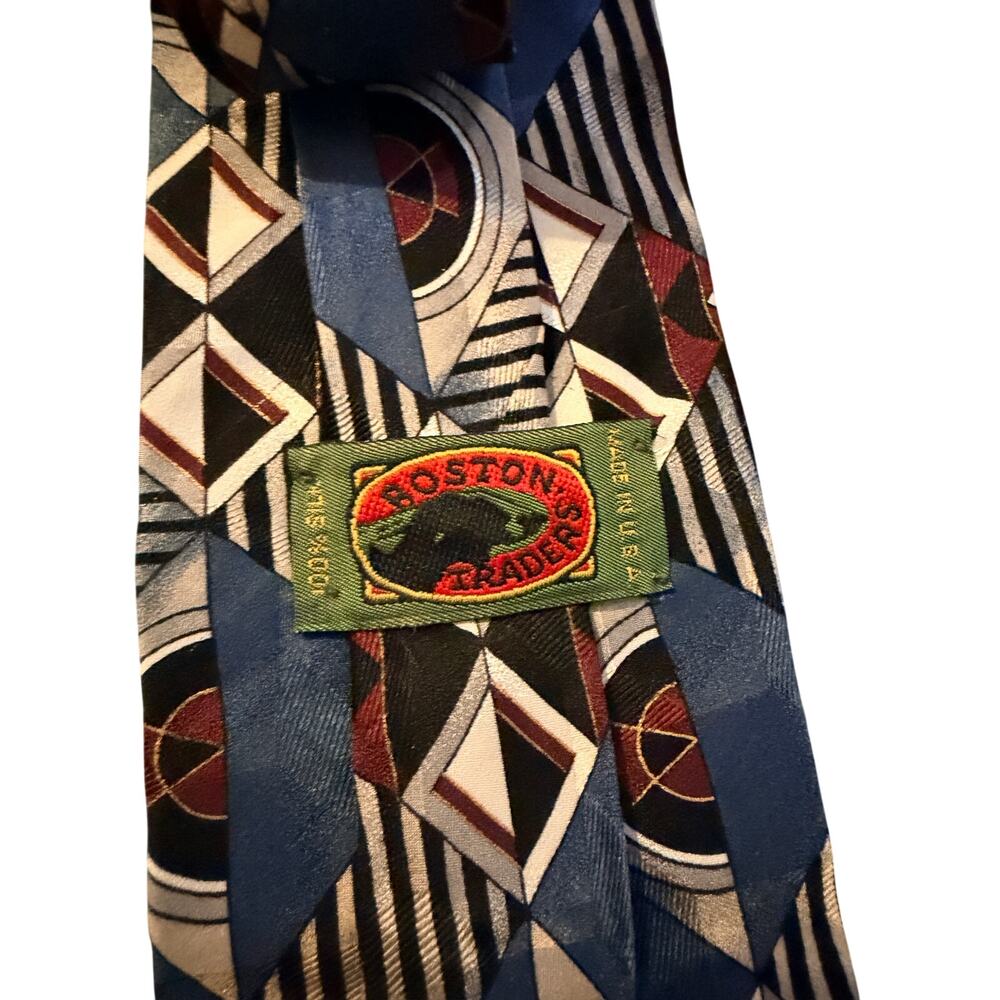 Boston Traders Silk Tie Geometric Abstract‎ Blue Burgundy Tan Pattern